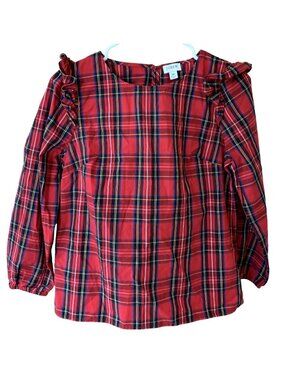 J.Crew SP Red Tartan Plaid Ruffle Shoulder Blouse Shirt Cotton Preppy Twee